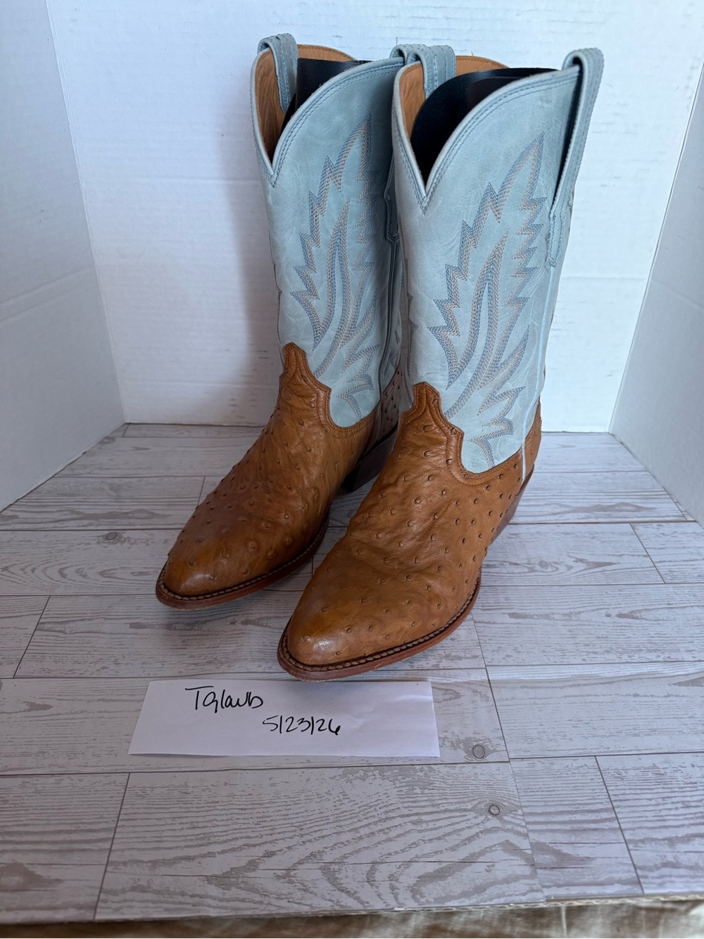 Tecovas Two-Tone Ostrich Leather Western Boots - Light Blue & Tan